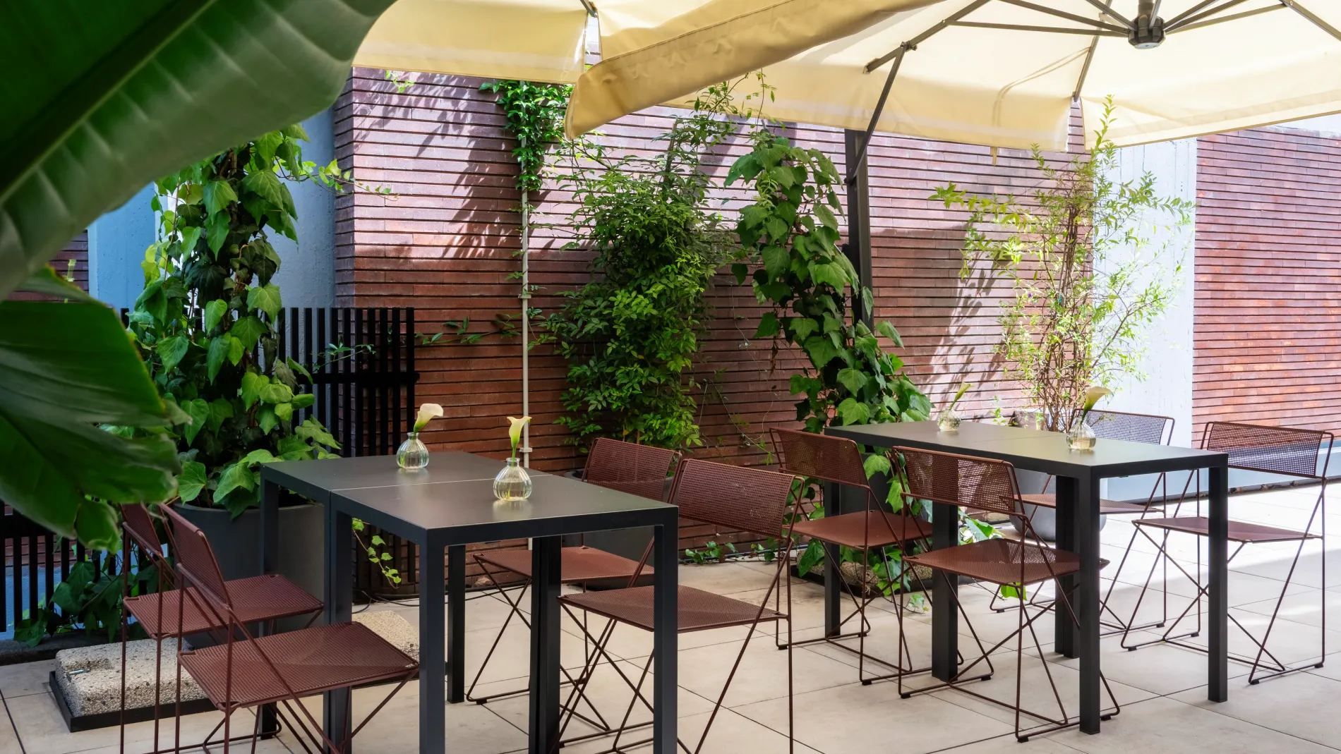 Terrazza con tavoli e sedie circondata da piante - Parioli Cube Hotel, BZAR hotels a Roma